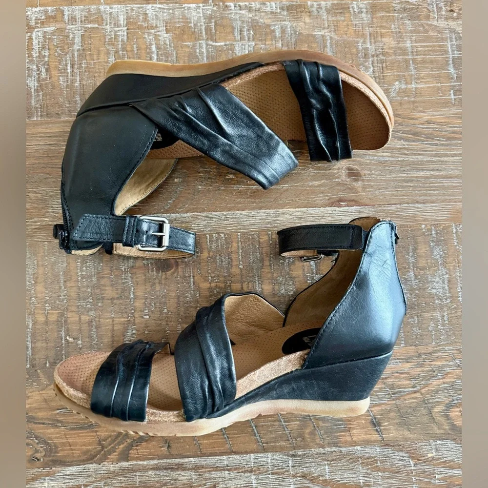 Miz Mooz Black Leather Wedge Sandals